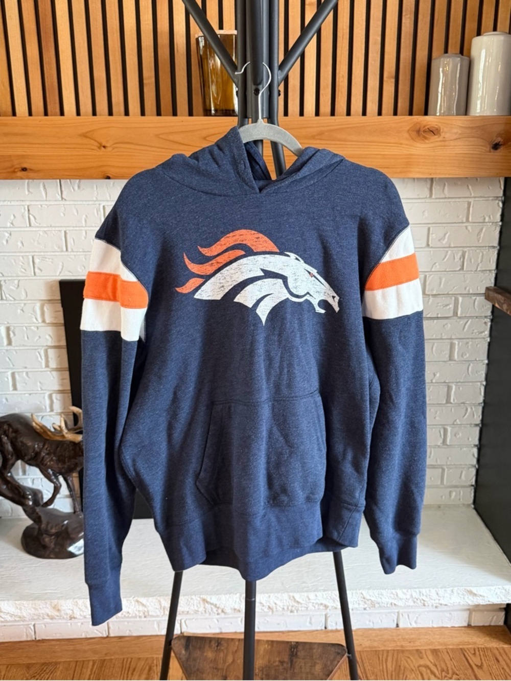 '47 Navy Denver Broncos Hooded Sweatshirt with Orange & White Stripes
